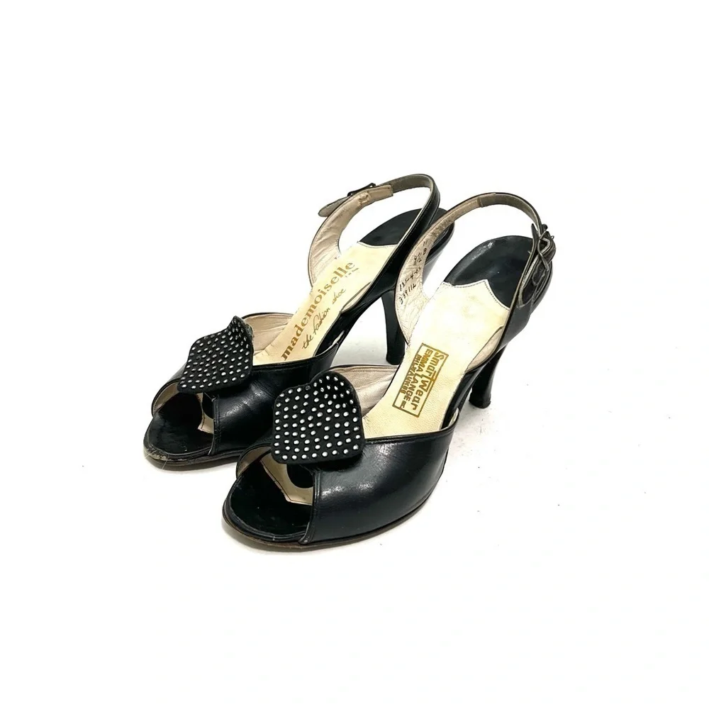 Vintage 1940s black leather peep toe rhinestone slingback heels